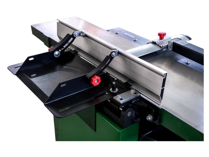The fence tilts from 90 to 45 degrees and locks with the red handles - the hold-downs keep the board against it