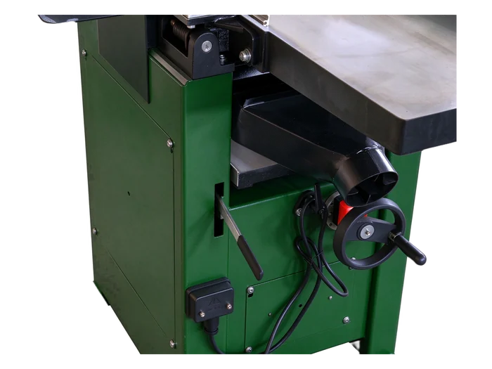 Machine side: the thicknessing table, the height handwheel and the extractor hood